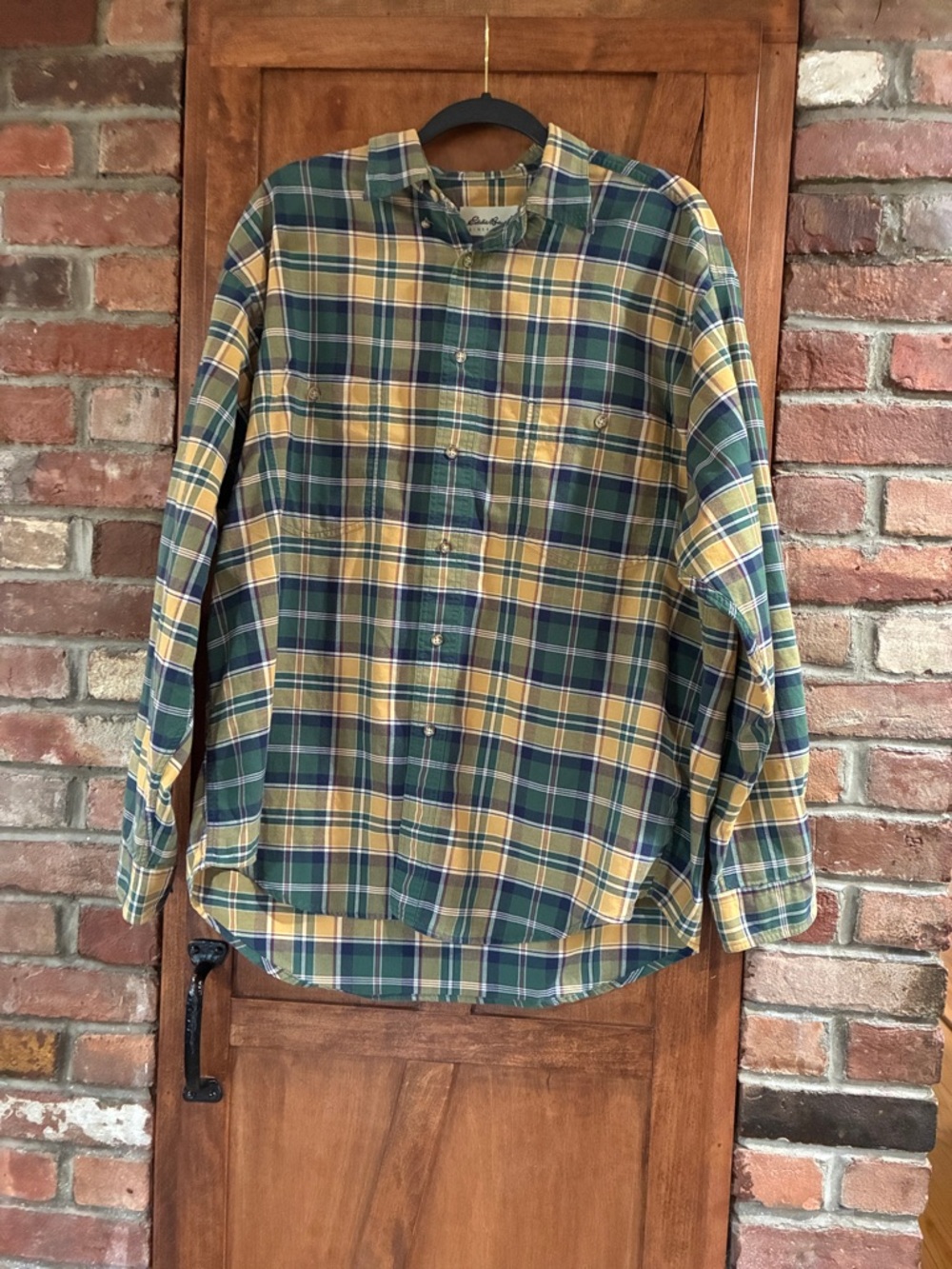 Eddie Bauer Yellow and Green Plaid Button-Down Shirt